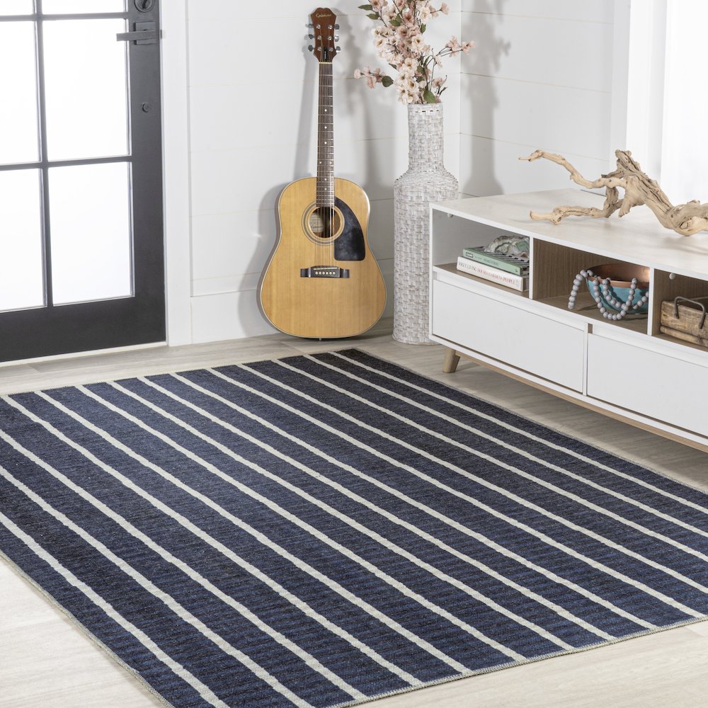 Rand Distressed Ticking Stripe Machine Washable Area Rug. Picture 5