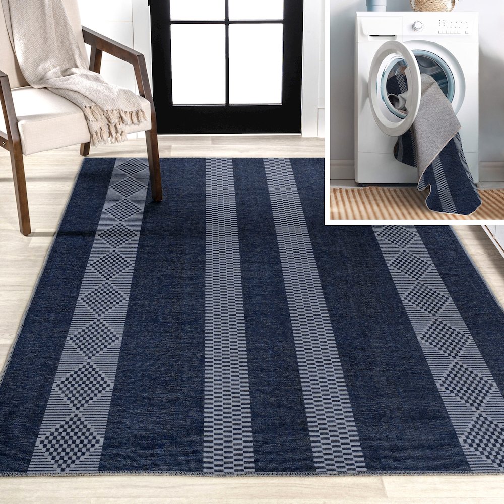Nautisk Trellis Stripe Machine Washable Area Rug. Picture 10