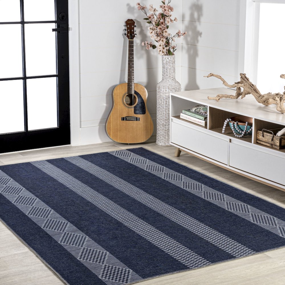 Nautisk Trellis Stripe Machine Washable Area Rug. Picture 5