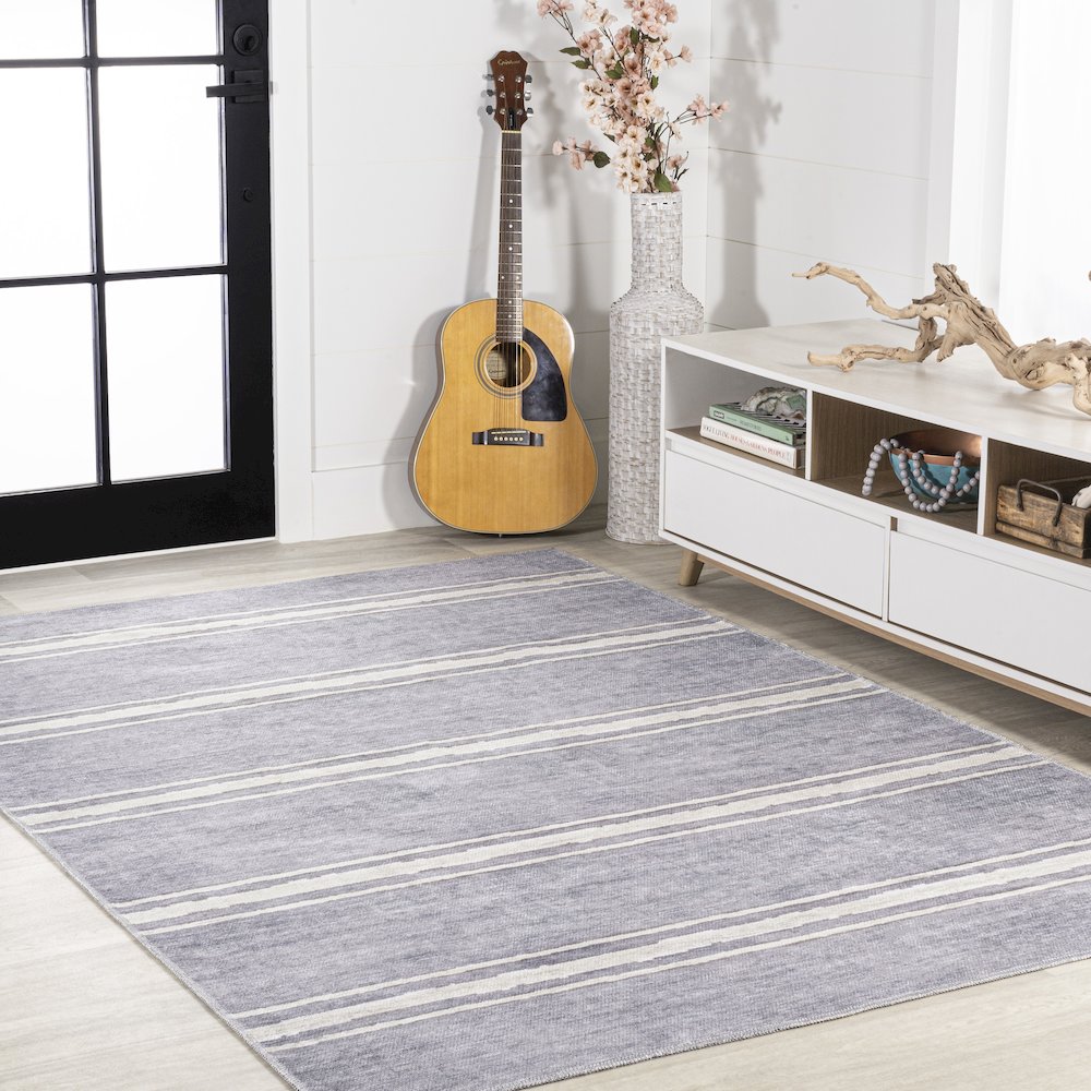 Bande Distressed Ticking Stripe Machine Washable Area Rug. Picture 5