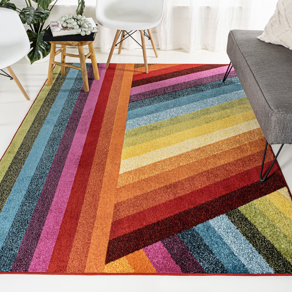 Retro Rainbow Contemporary Stripe Area Rug. Picture 2