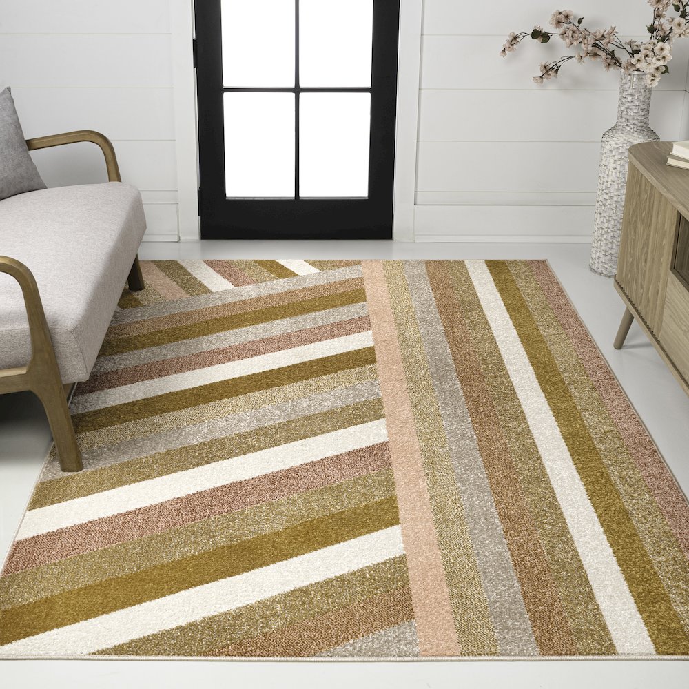 Retro Rainbow Contemporary Stripe Red/Gold/Cream 5 ft. x 8 ft. Area Rug. Picture 2
