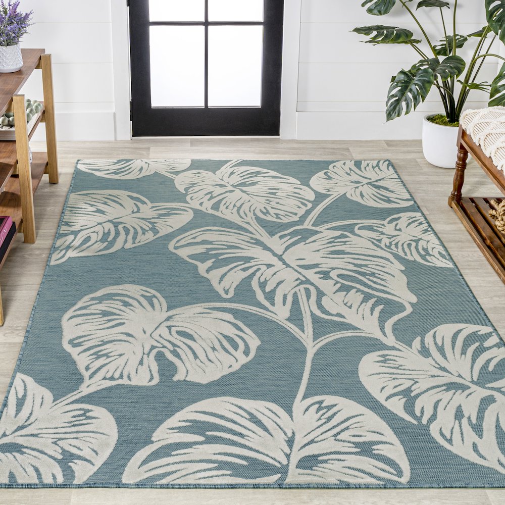 Tobago High-Low Two Tone Monstera Leaf Area Rug. Picture 4