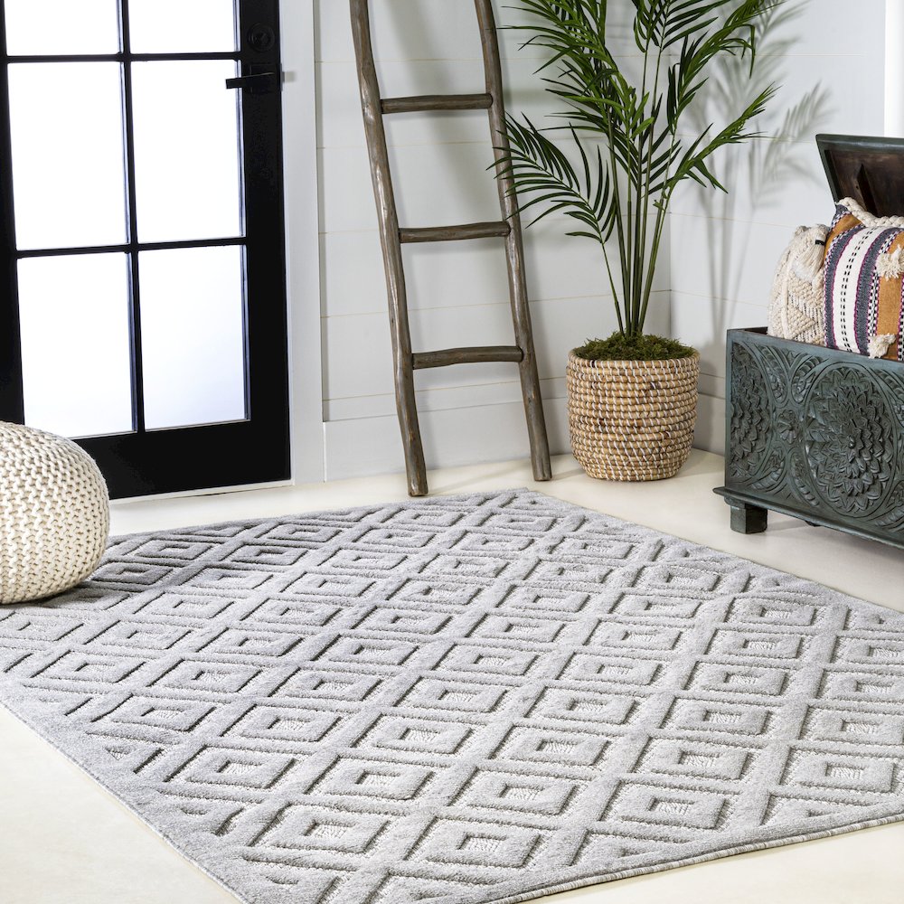 Portmany Neutral Diamond Trellis Indoor/Outdoor Area Rug. Picture 5