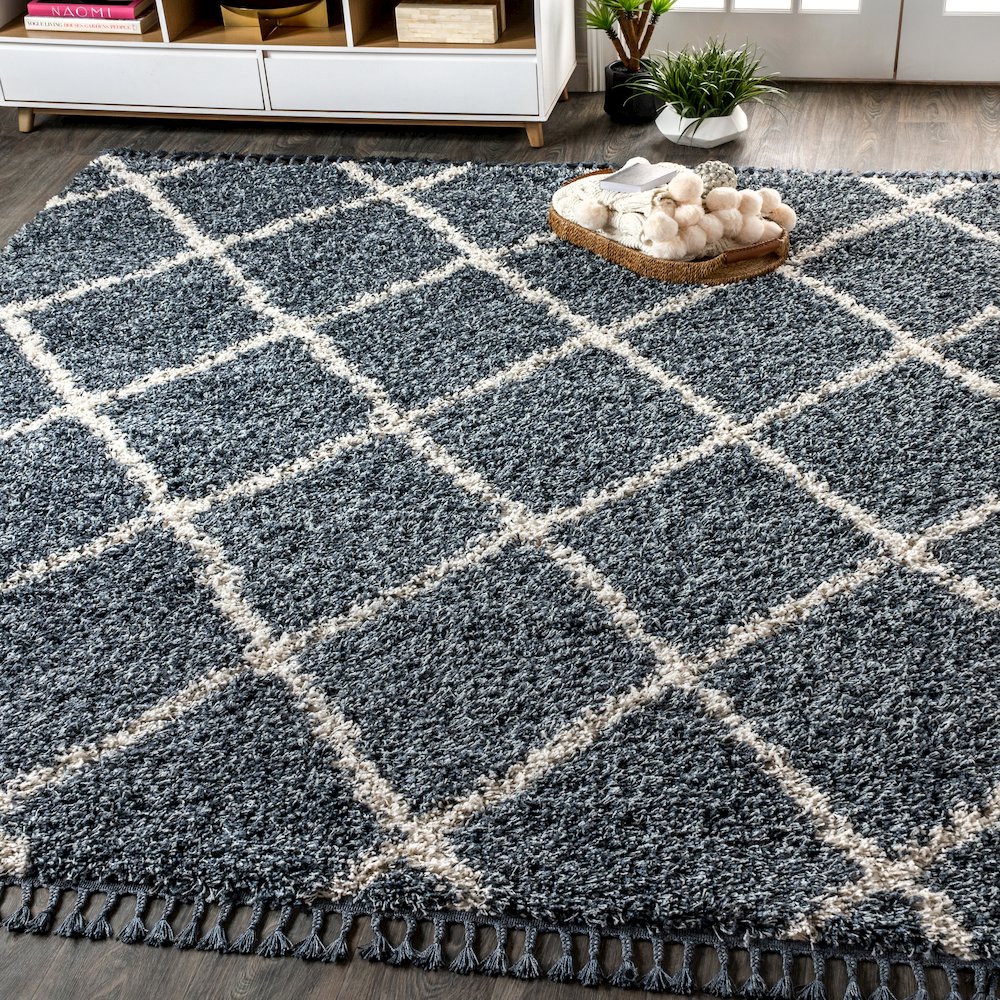 Gabrielle Mercer Shag Plush Tassel Moroccan Geometric Trellis Area Rug. Picture 2