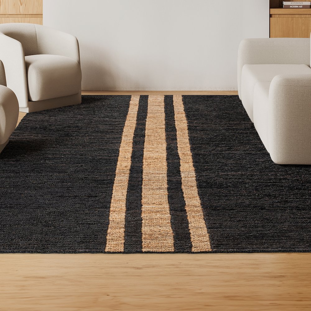 Olivier Rustic Farmhouse Wide Ticking Stripe Jute Area Rug. Picture 5