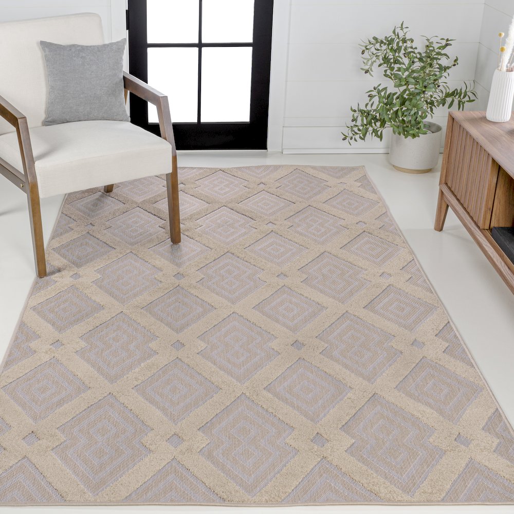 Duwun High-Low Pile Ogee Trellis Tone On Tone Indoor/Outdoor Area Rug. Picture 4