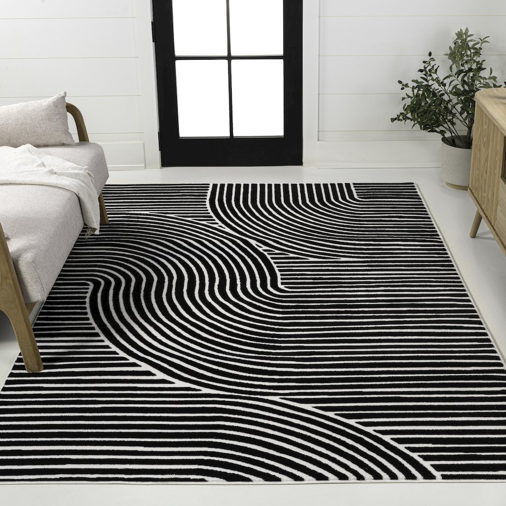 Hallie High-Low Minimalist Curve Geometric Black/White 5 ft. x 8 ft. Area Rug. Picture 2