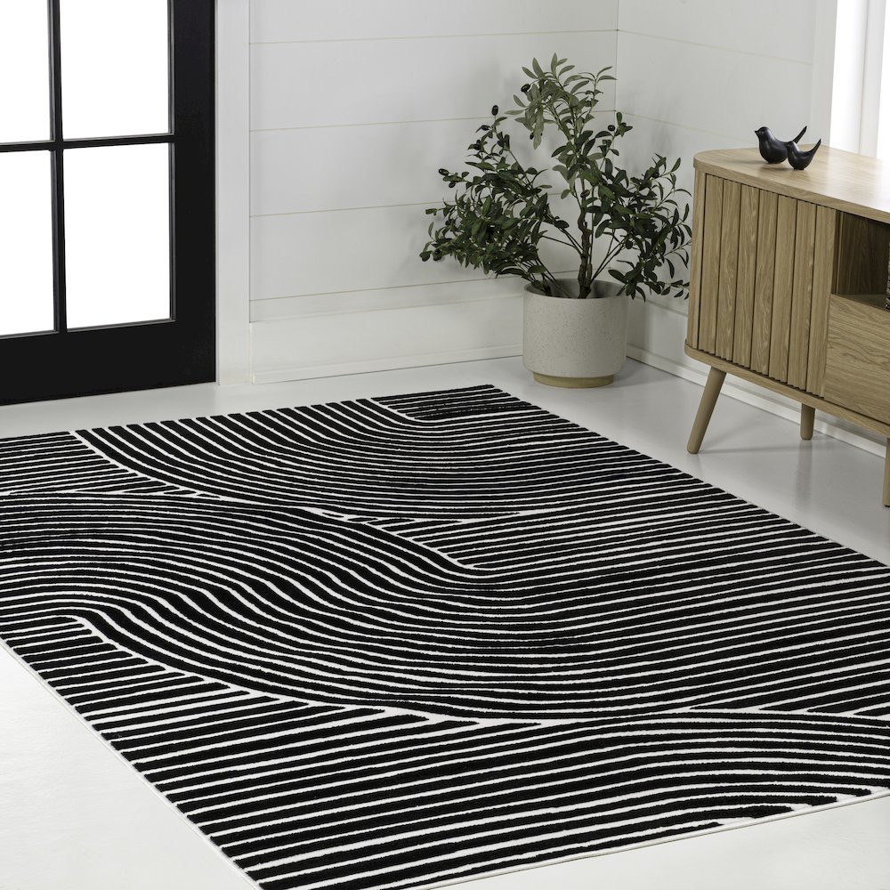Hallie High-Low Minimalist Curve Geometric Black/White 5 ft. x 8 ft. Area Rug. Picture 3