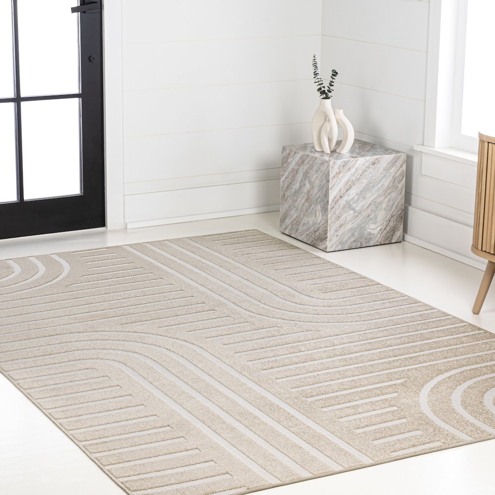 Anders High-Low MidCentury Modern Arch Stripe Two-Tone Indoor/Outdoor Area Rug. Picture 3