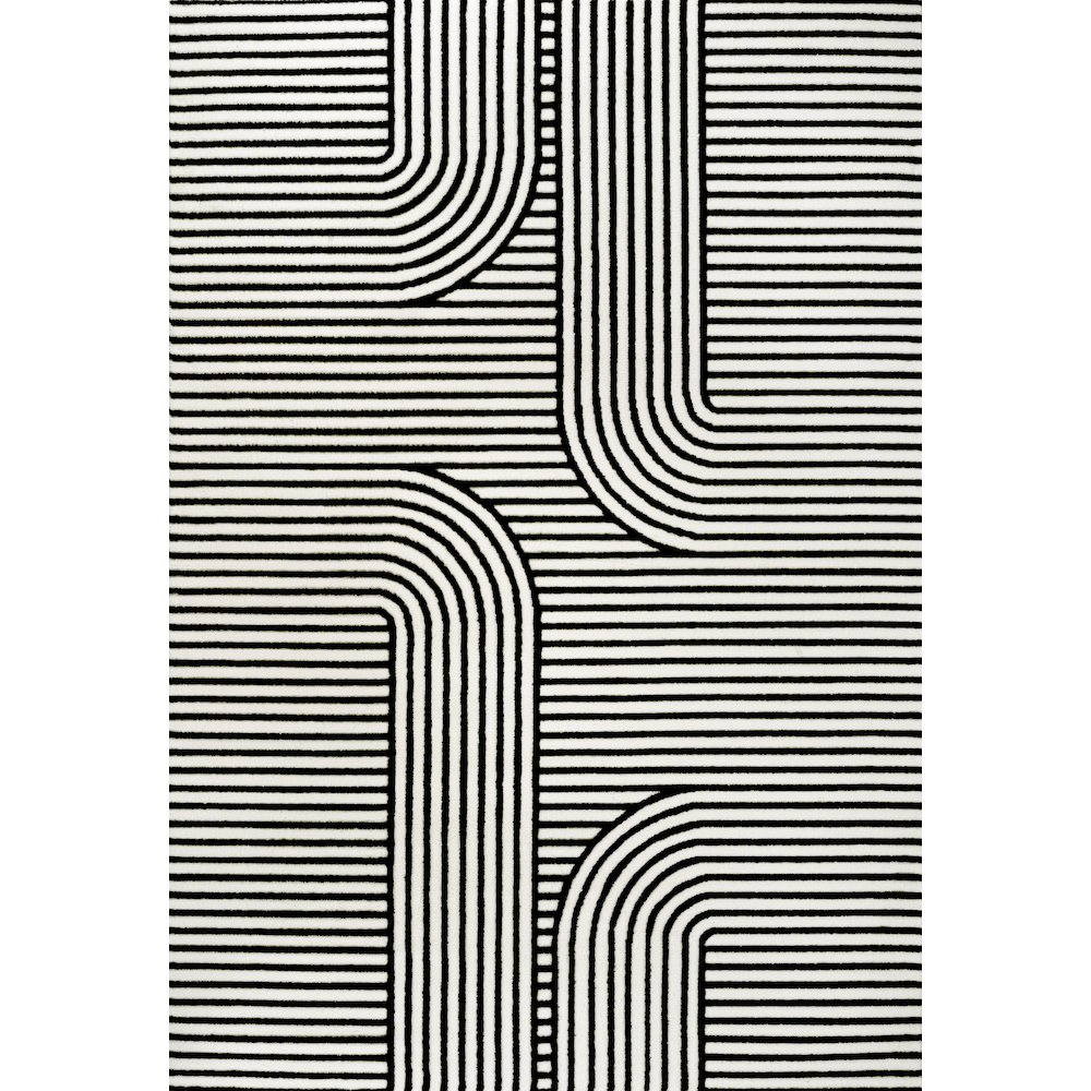 Anders MidCentury Modern Arch Stripe Two-Tone High-Low Black/White Area Rug. Picture 1