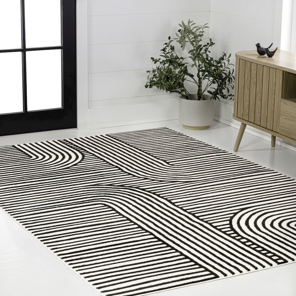 Anders MidCentury Modern Arch Stripe Two-Tone High-Low Black/White Area Rug. Picture 3