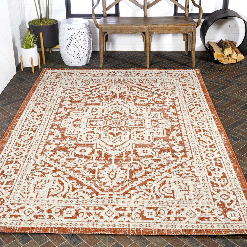 Sinjuri Medallion Textured Weave Indoor/Outdoor Area Rug. Picture 9