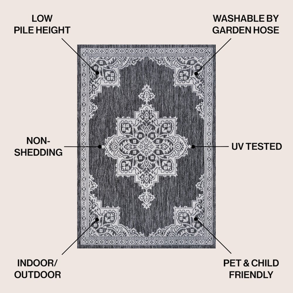 Vintage Casual Medallion Dark Gray/Cream 8 ft. x 10 ft. Indoor/Outdoor Area Rug. Picture 4