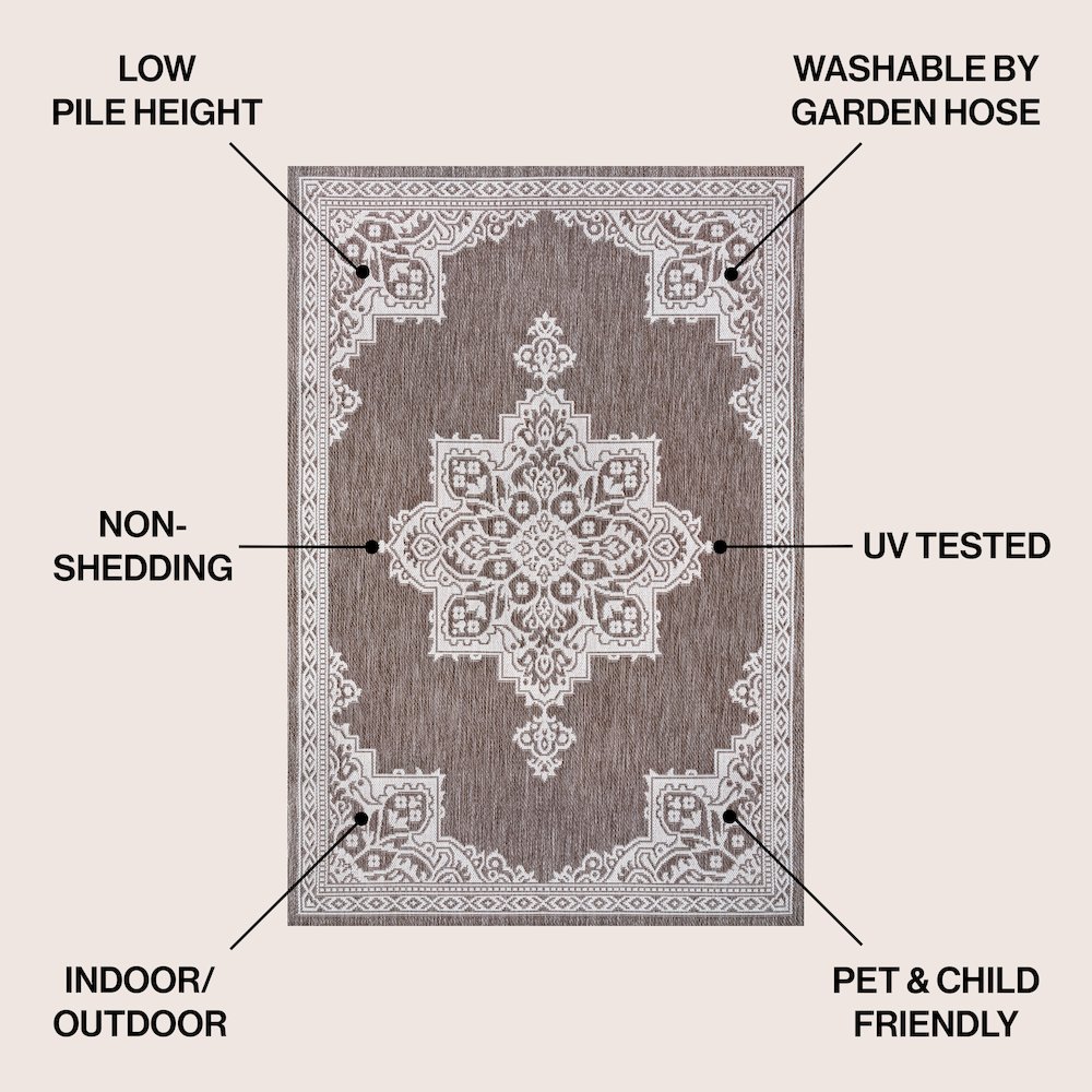 Casual Medallion Light Brown/Cream 8 ft. x 10 ft. Indoor/Outdoor Area Rug. Picture 4