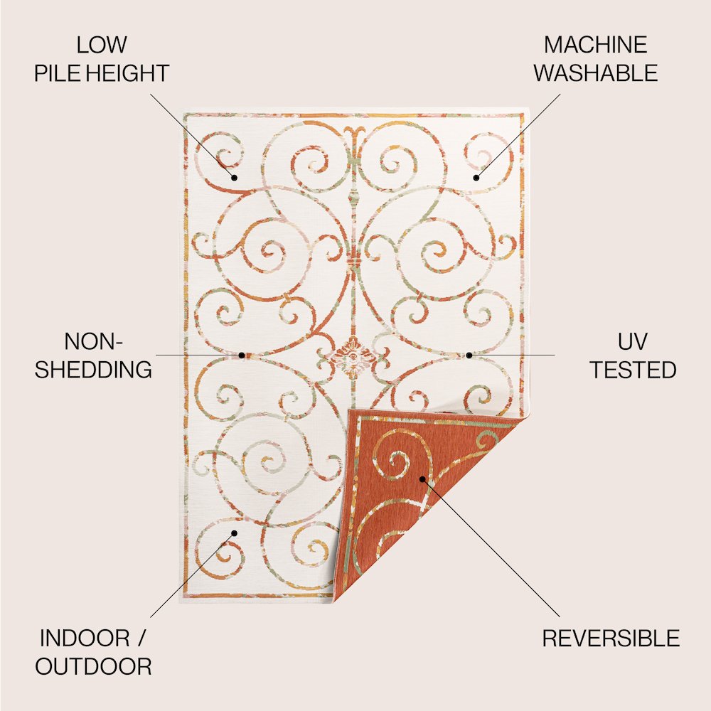 Cottage Filigree Scroll Reversible Machine-Washable Indoor/Outdoor Runner Rug. Picture 6