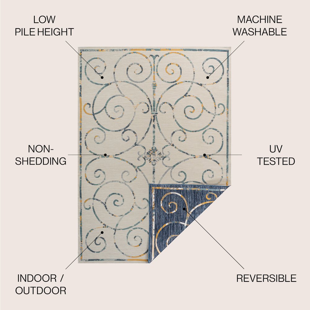 Cottage Filigree Scroll Reversible Machine-Washable Indoor/Outdoor Runner Rug. Picture 6