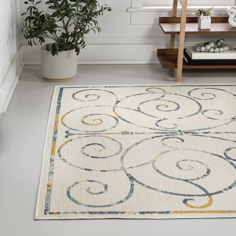Cottage Filigree Scroll Reversible Machine-Washable Indoor/Outdoor Runner Rug. Picture 1