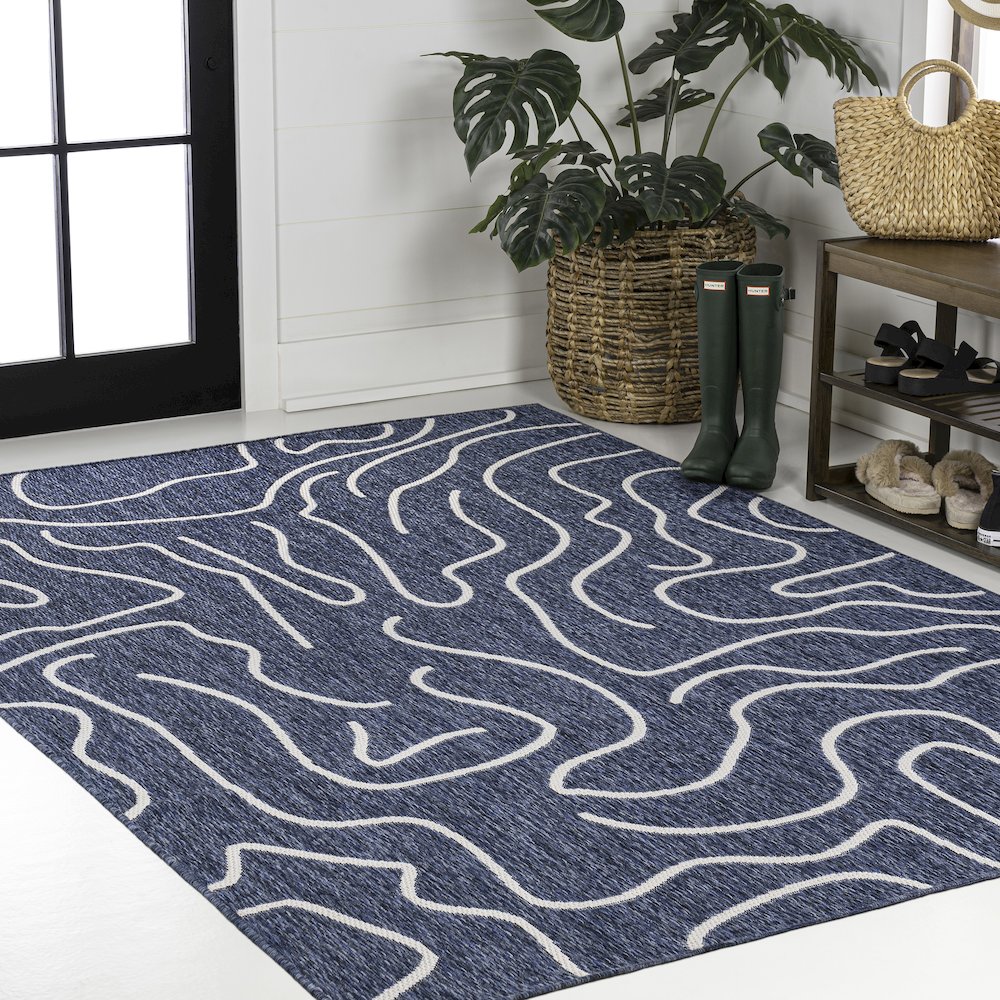Organic Shapes Navy/Cream 8 ft. x 10 ft. Indoor/Outdoor Area Rug. Picture 3