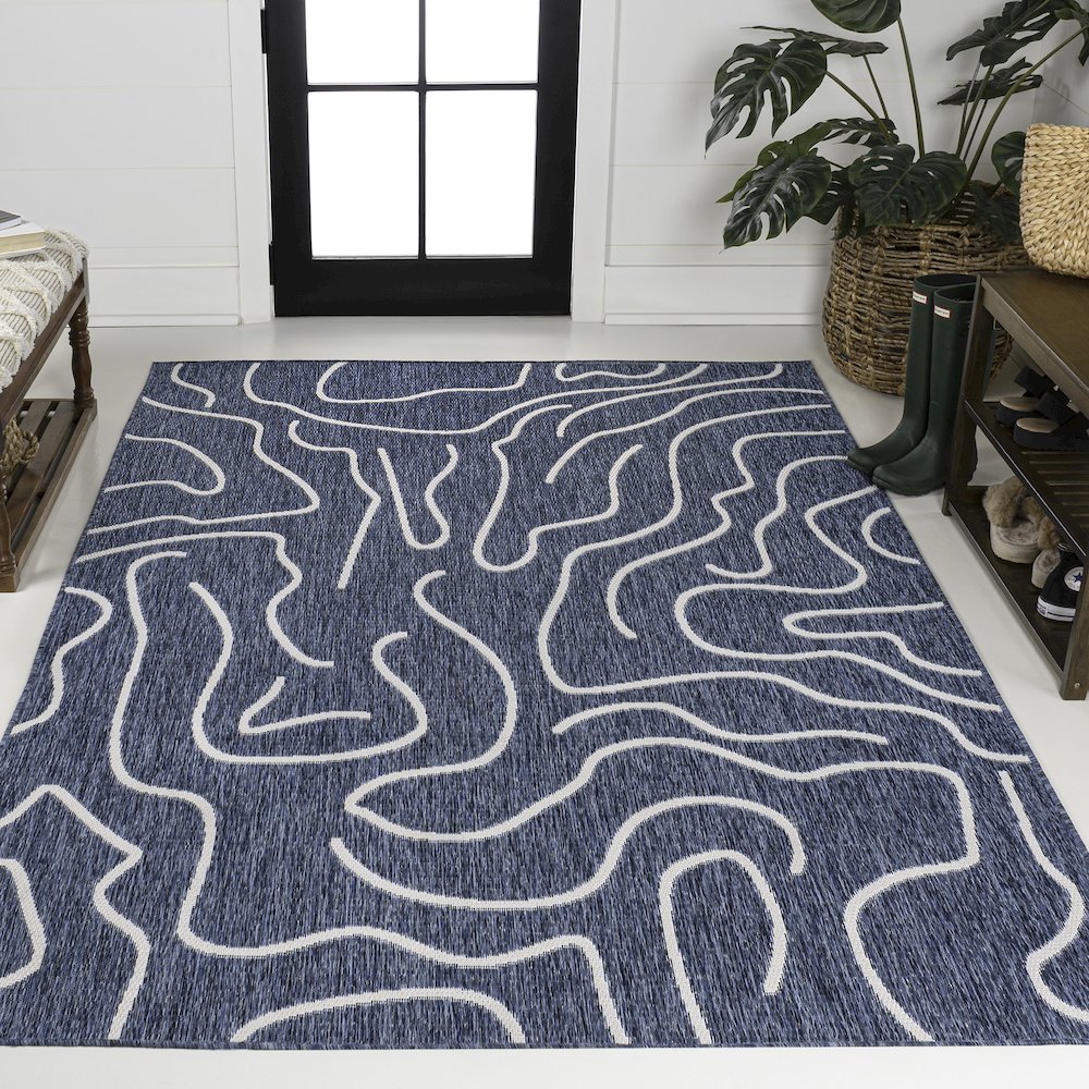 Organic Shapes Navy/Cream 5 ft. x 8 ft. Indoor/Outdoor Area Rug. Picture 2