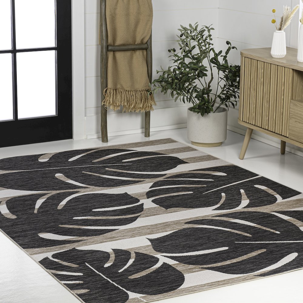 and Monstera Leaf Black/Beige 8 ft. x 10 ft. Indoor/Outdoor Area Rug. Picture 3