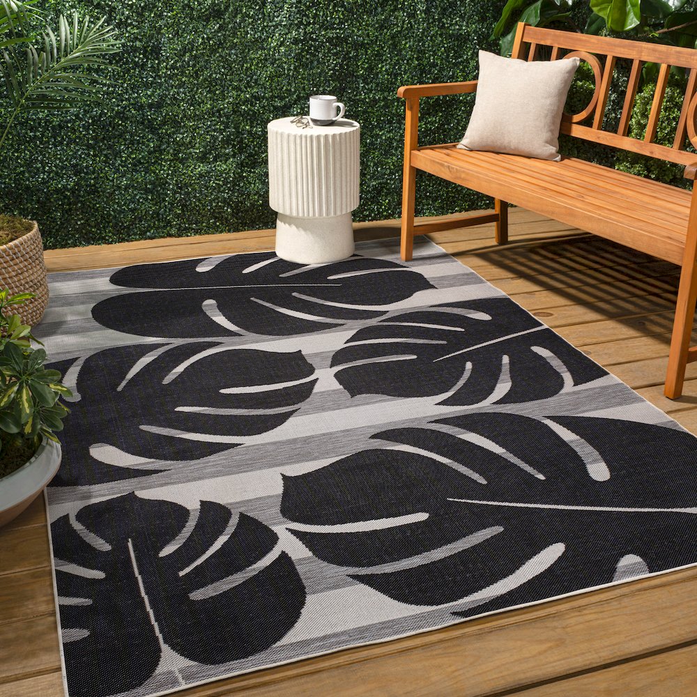and Monstera Leaf Black/Gray 8 ft. x 10 ft. Indoor/Outdoor Area Rug. Picture 4