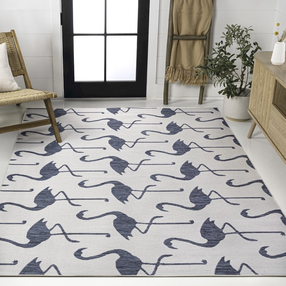 Flamingos Two-Tone White/Navy 5 ft. x 8 ft. Indoor/Outdoor Area Rug. Picture 2