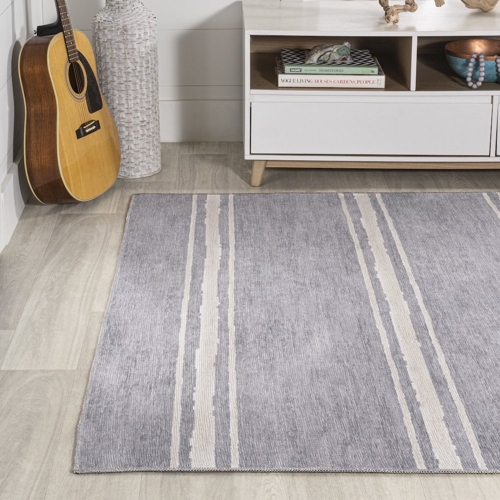 Bande Distressed Ticking Stripe Machine Washable Area Rug. Picture 3