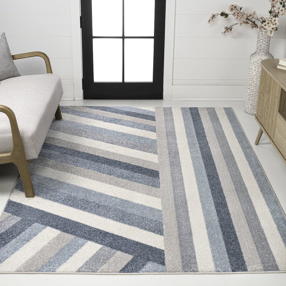 Retro Rainbow Contemporary Stripe Blue/Cream/Gray 8 ft. x 10 ft. Area Rug. Picture 2