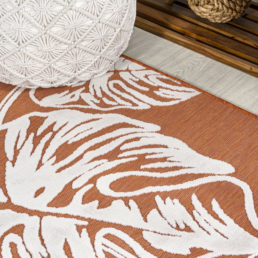 Tobago High-Low Two Tone Monstera Leaf Area Rug. Picture 7