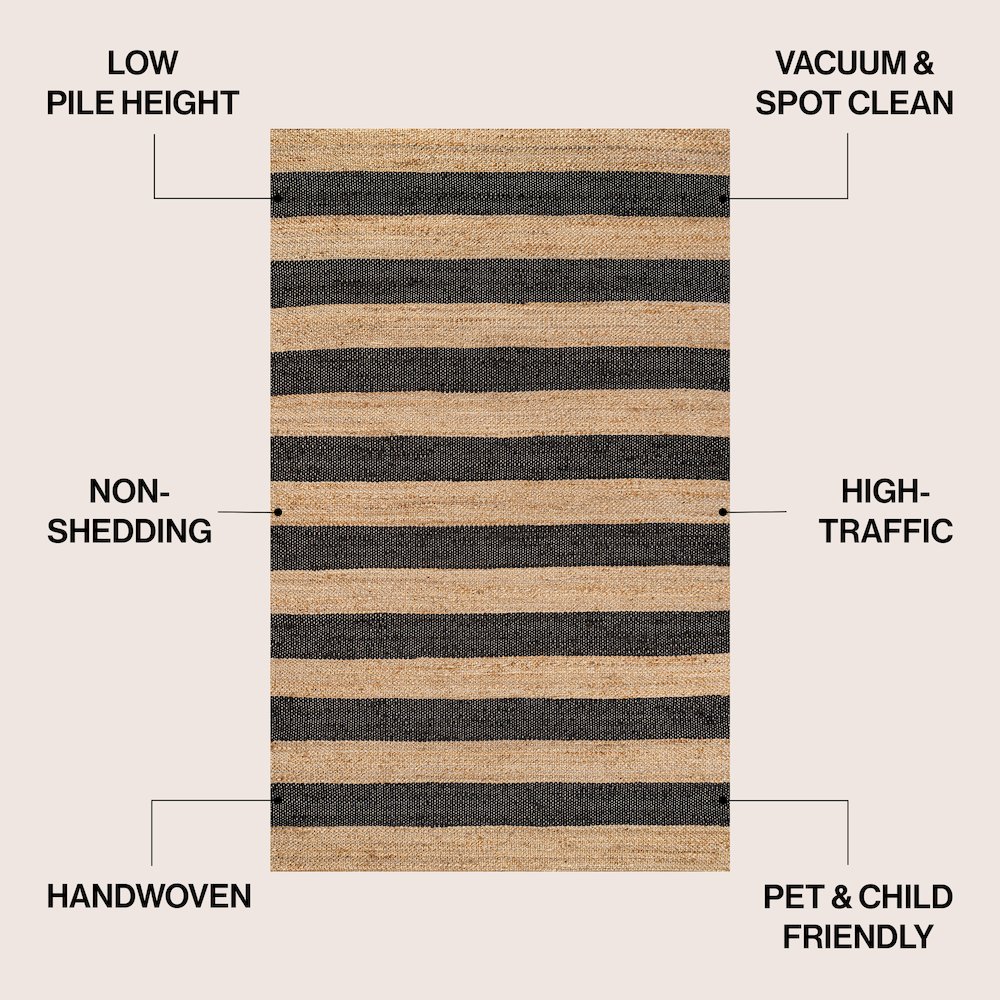 Jayden Rustic Farmhouse Woven Jute Stripe Natural/Black 5 ft. x 8 ft. Area Rug. Picture 4