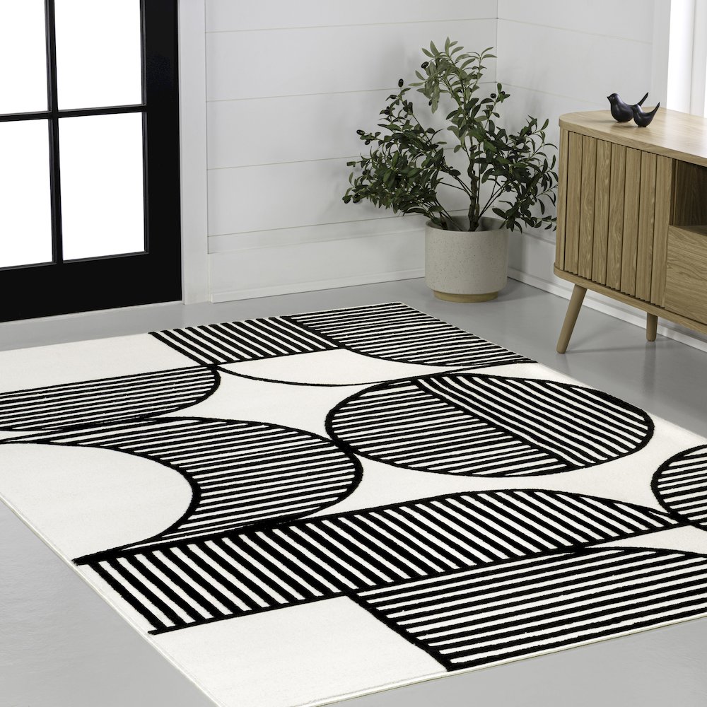 Nordby High-Low Geometric Arch Scandi Striped Black/White Area Rug. Picture 3
