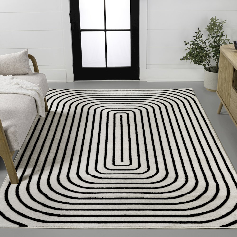 Freya Modern Scandinavian Arch Stripe Monotone High-Low Black/White Area Rug. Picture 2
