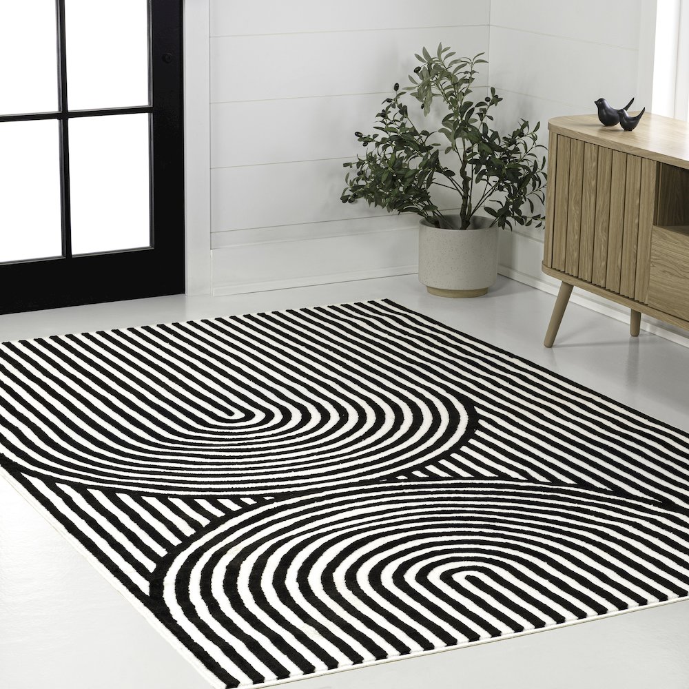 Sofia MidCentury Modern Arch Stripe Two-Tone High-Low Black/White Area Rug. Picture 3