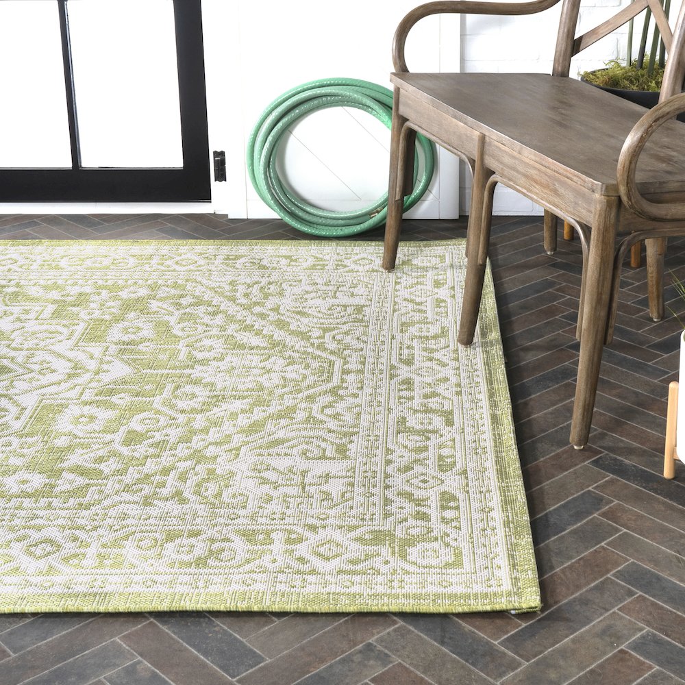 Sinjuri Medallion Textured Weave Indoor/Outdoor Area Rug. Picture 7