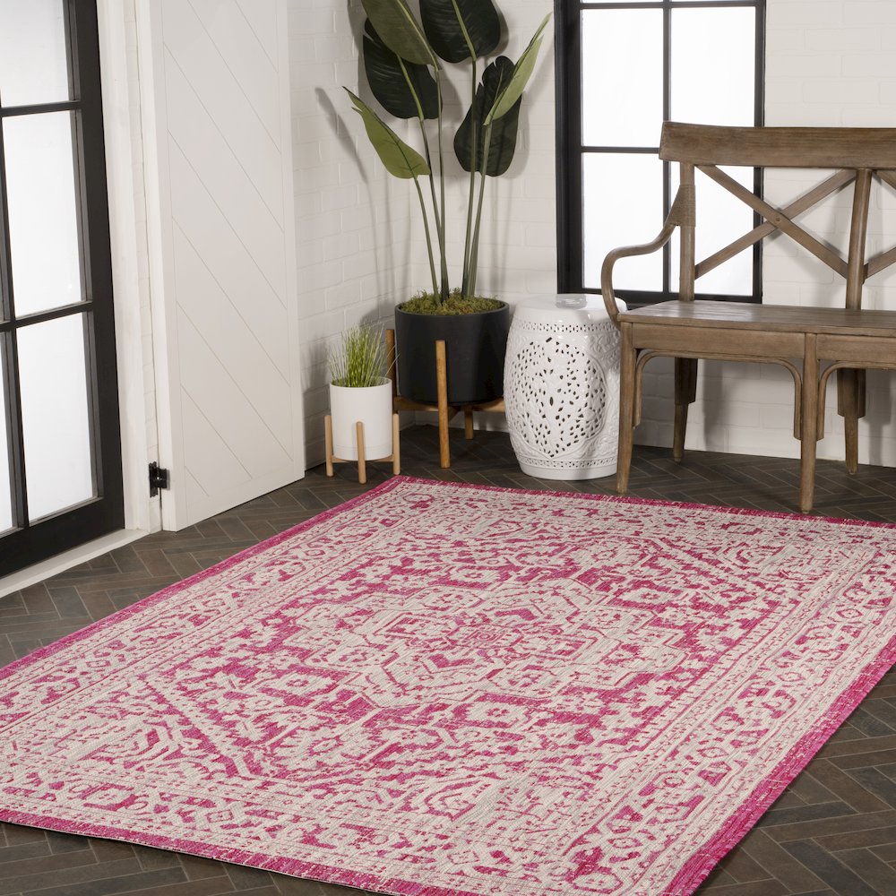 Sinjuri Medallion Textured Weave Indoor/Outdoor Area Rug. Picture 9