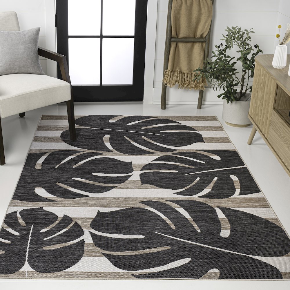 and Monstera Leaf Black/Beige 8 ft. x 10 ft. Indoor/Outdoor Area Rug. Picture 2