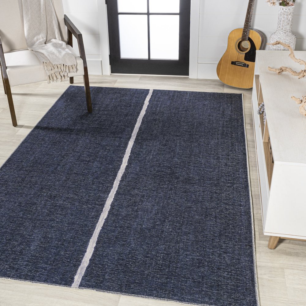 Linja Solid Centre Stripe Machine Washable Area Rug. Picture 2