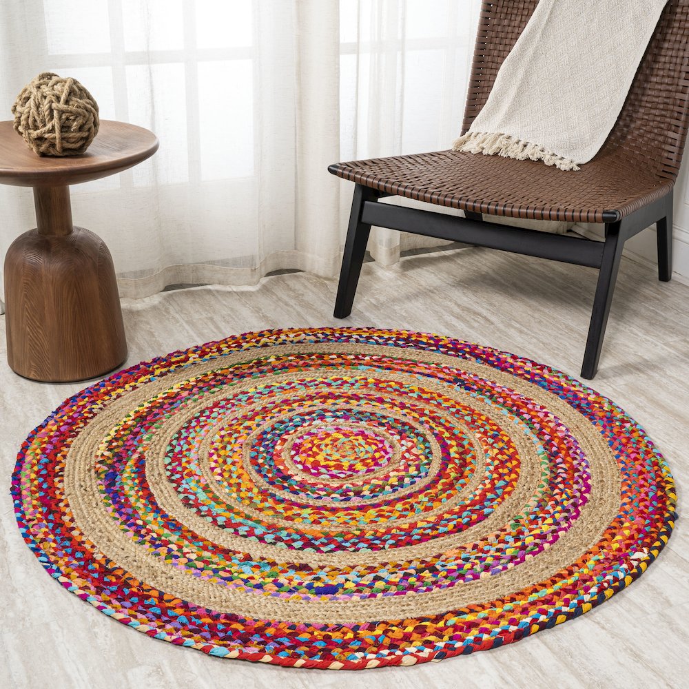 Isla Round Boho Braided Rag Jute Area Rug. Picture 3