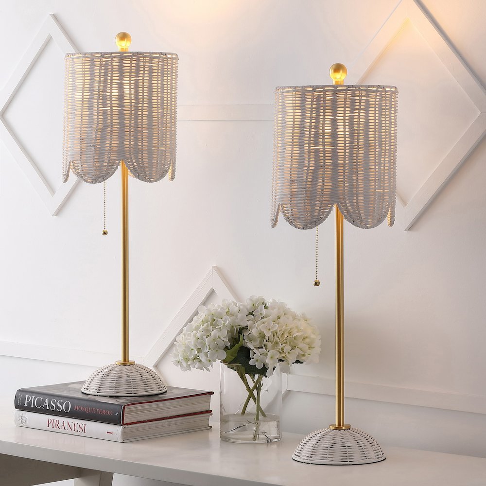 27.5" Coastal Bohemian Rattan/Iron Scalloped Buffet LED Table LampSet of 2). Picture 7