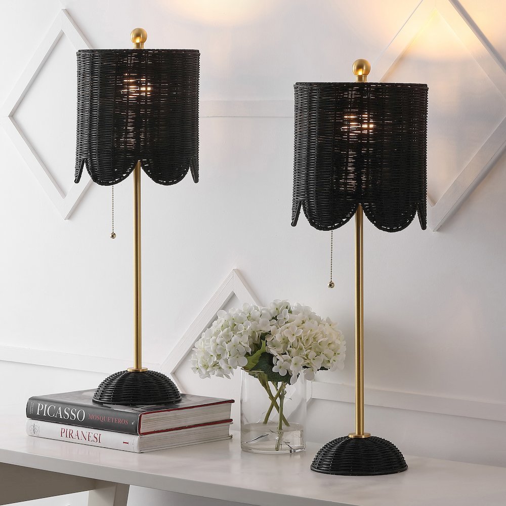 27.5" Coastal Bohemian Rattan/Iron Scalloped Buffet LED Table Lamp (Set of 2). Picture 7