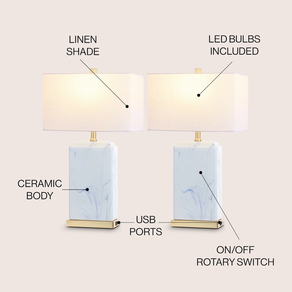 Chloe Modern Coastal Iron/Marbled Ceramic Led Table Lamp With Usb Charging Port. Picture 5