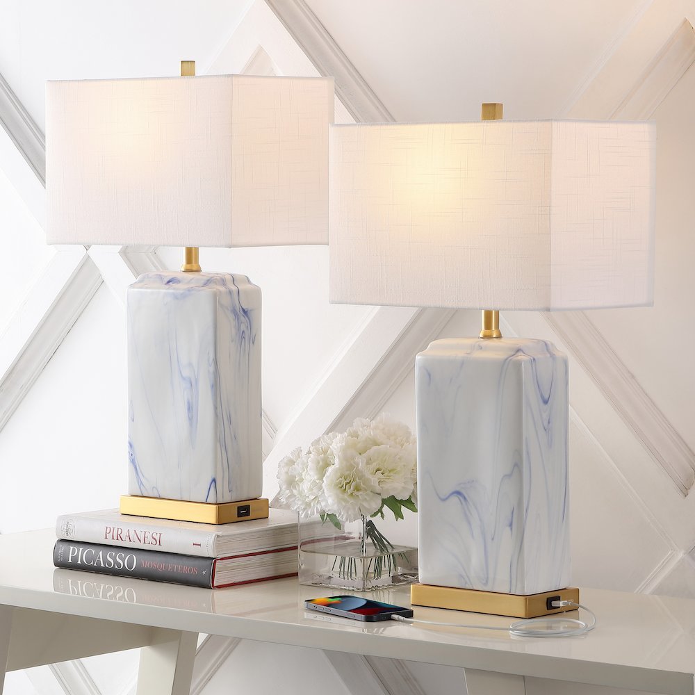 Chloe Modern Coastal Iron/Marbled Ceramic Led Table Lamp With Usb Charging Port. Picture 2