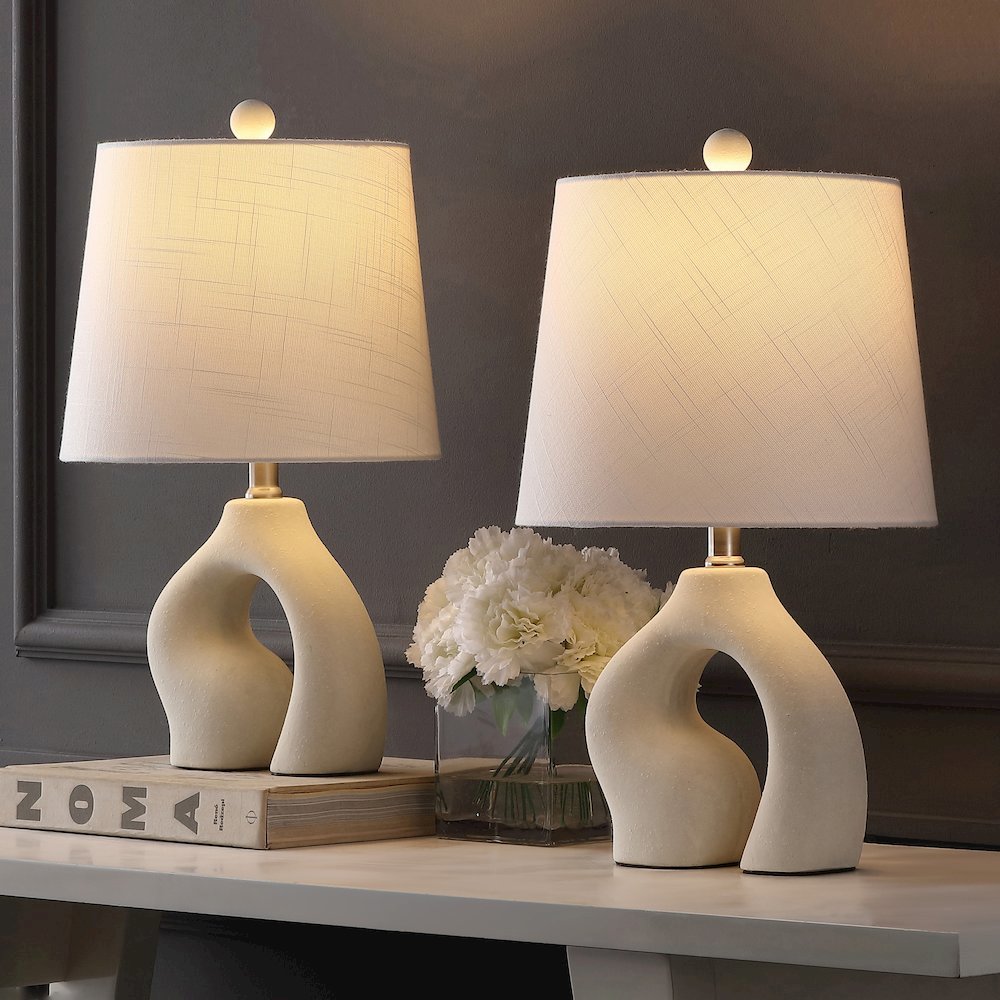 Tula 19" Scandinavian Minimalist Ceramic Arch LED Table Lamp, Cream (Set of 2). Picture 6