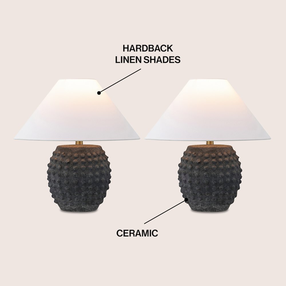18.25" Scandinavian Ceramic/Iron Hobnail LED Table Lamp, Matte Black (Set of 2). Picture 3