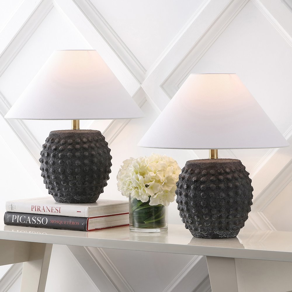 18.25" Scandinavian Ceramic/Iron Hobnail LED Table Lamp, Matte Black (Set of 2). Picture 7