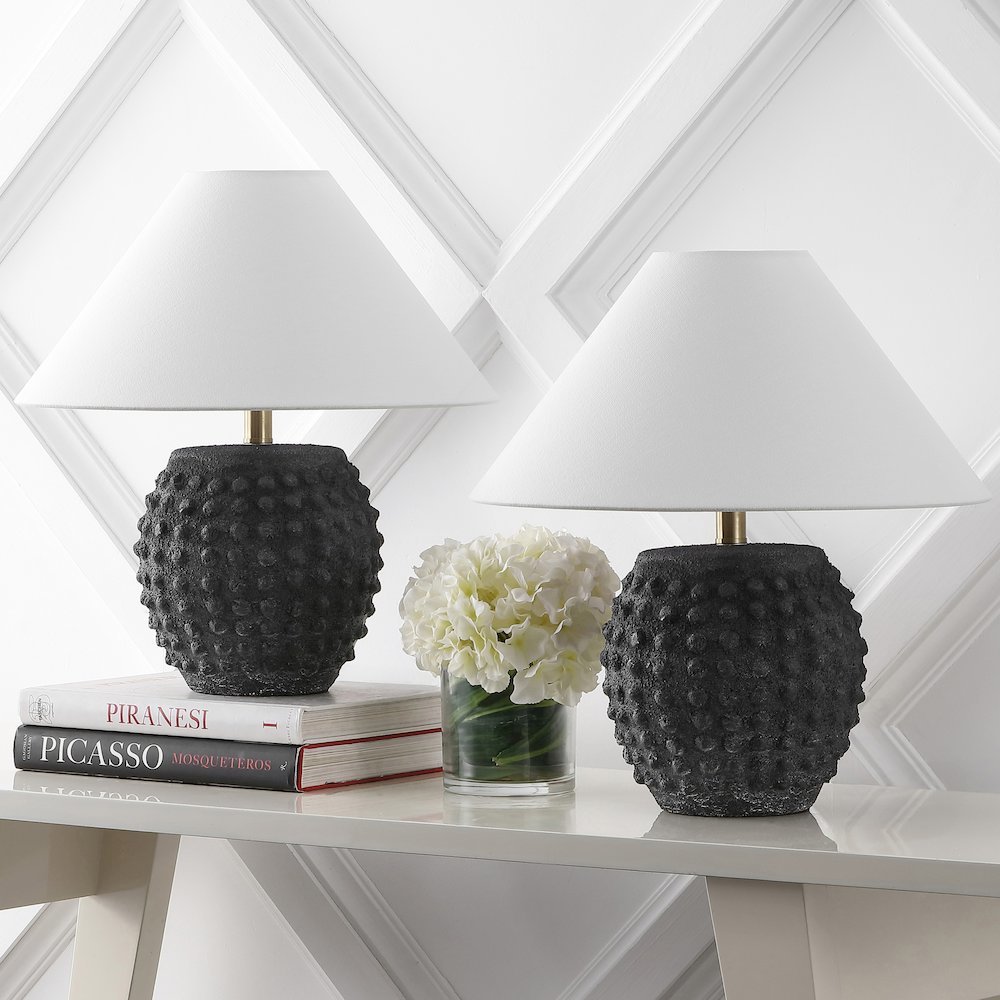 18.25" Scandinavian Ceramic/Iron Hobnail LED Table Lamp, Matte Black (Set of 2). Picture 2
