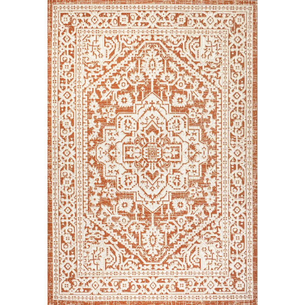 Sinjuri Medallion Textured Weave Indoor/Outdoor Area Rug. Picture 1