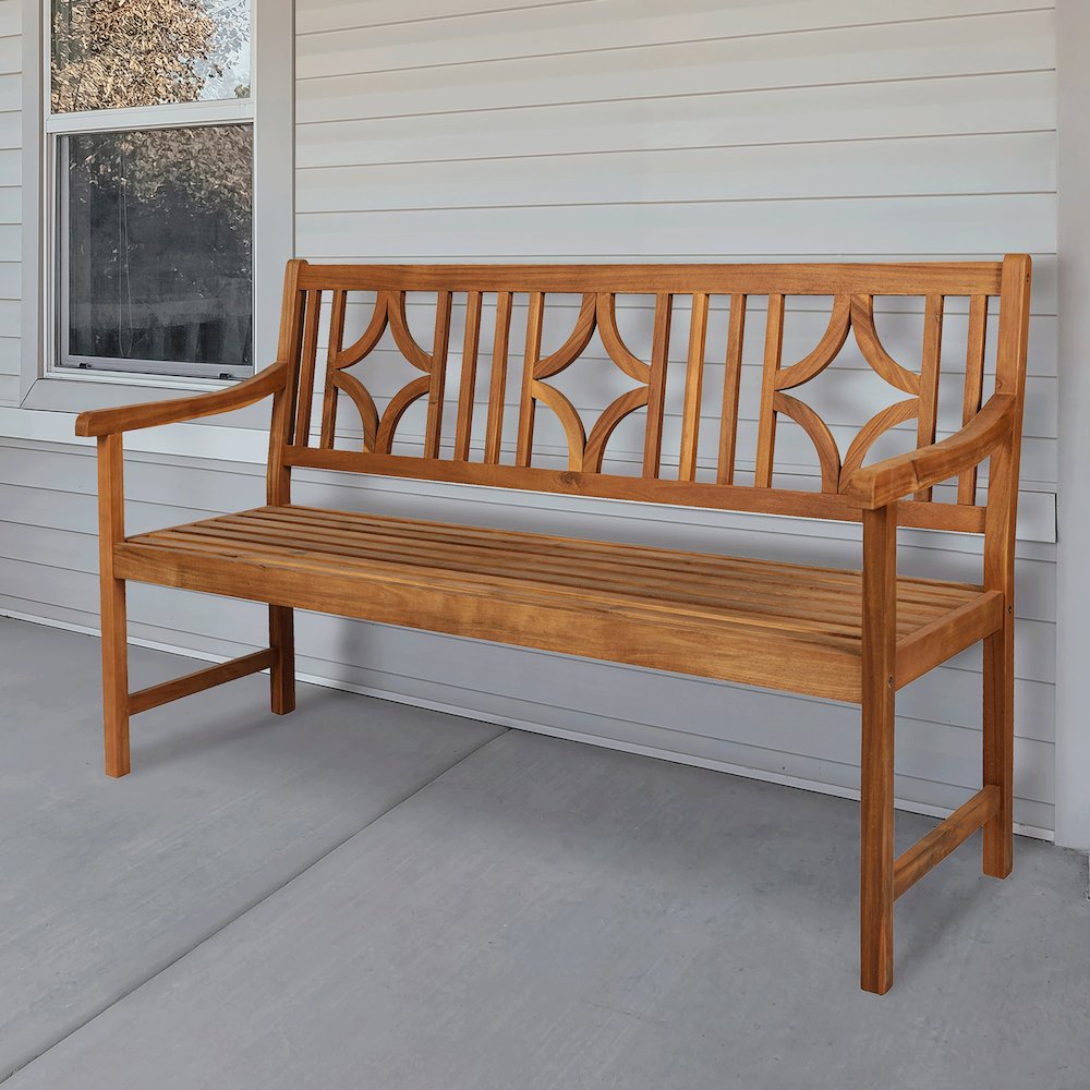 Sloane 59" Solid Acacia Wood Outdoor Bench with Geometric Back & Armrests. Picture 5