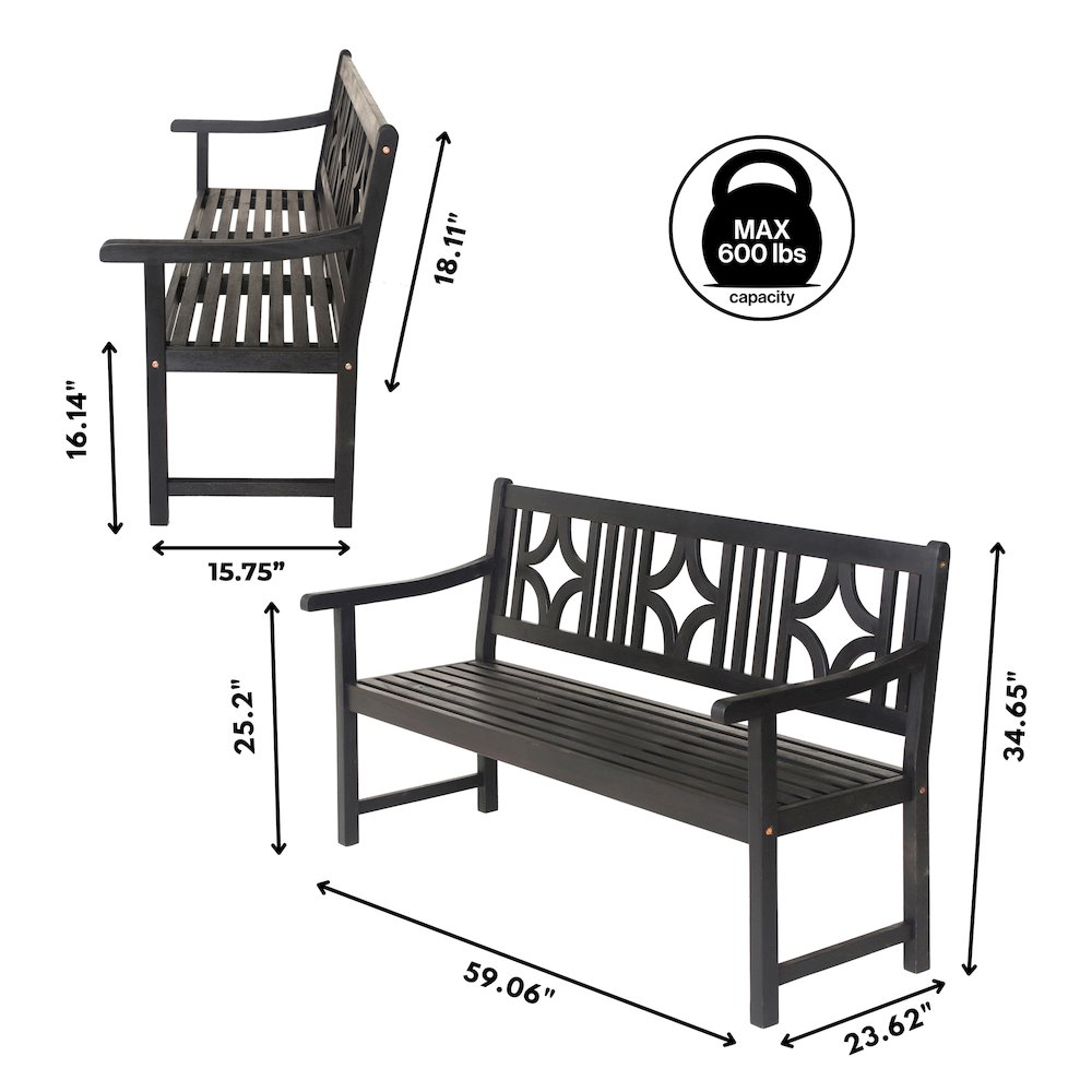 Sloane 59" Solid Acacia Wood Outdoor Bench with Geometric Back & Armrests. Picture 4